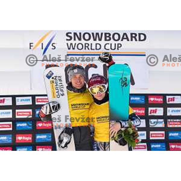 Benjamin Karl and Ester Ledecka during the Rogla FIS Snowboard World Cup 2016/17 parallel giant slalom, Rogla, Slovenia, on January 28, 2017.