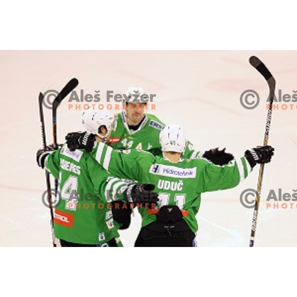 Aljaz Uduc of Olimpija Ljubljana celebrate goal during ice-hockey match between Olimpija Ljubljana and Graz Moser Medical 99ers in EBEL league 2016/2017 in Tivoli Hall, Ljubljana, Slovenia on January 29, 2017