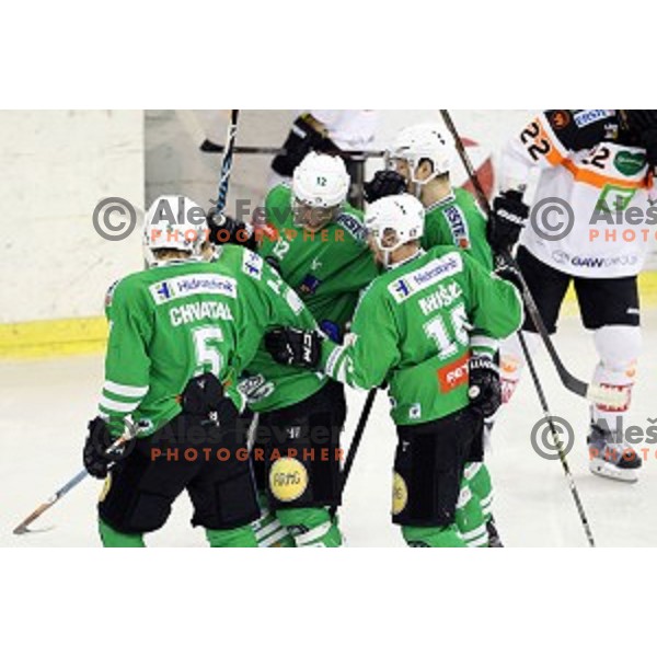 of Olimpija Ljubljana in action during ice-hockey match between Olimpija Ljubljana and Graz Moser Medical 99ers in EBEL league 2016/2017 in Tivoli Hall, Ljubljana, Slovenia on January 29, 2017