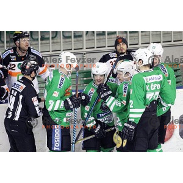 Aljaz Uduc of Olimpija Ljubljana celebrate goal during ice-hockey match between Olimpija Ljubljana and Graz Moser Medical 99ers in EBEL league 2016/2017 in Tivoli Hall, Ljubljana, Slovenia on January 29, 2017
