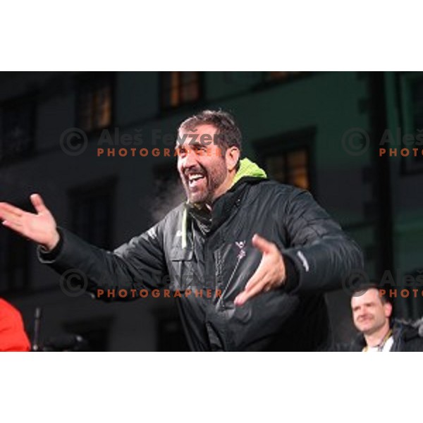 Coach Veselin Vujovic durnig reception for Slovenia Handball Team - bronze medalists of 2017 World Championships in front of Ljubljana Town Hall, Slovenia on January 30, 2017