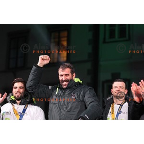 Coach Veselin Vujovic durnig reception for Slovenia Handball Team - bronze medalists of 2017 World Championships in front of Ljubljana Town Hall, Slovenia on January 30, 2017