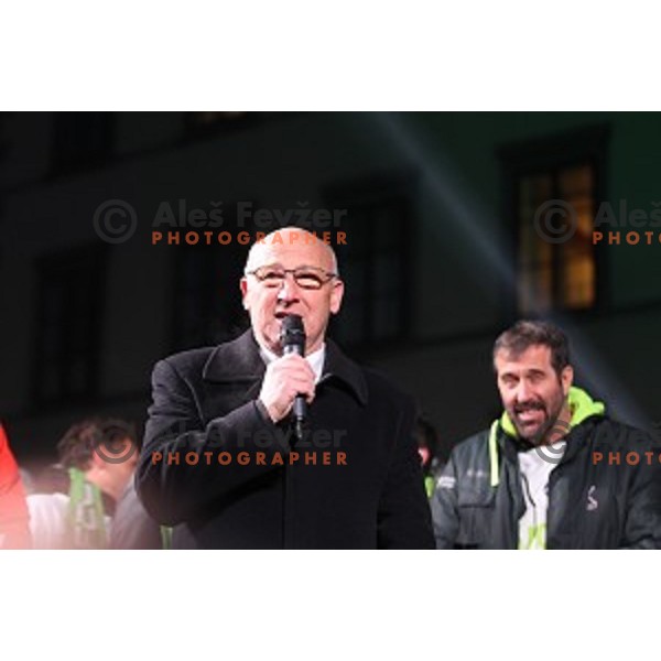 Bogdan Gabrovec speaks at Reception for Slovenia Handball Team - bronze medalists of 2017 World Championships in front of Ljubljana Town Hall, Slovenia on January 30, 2017