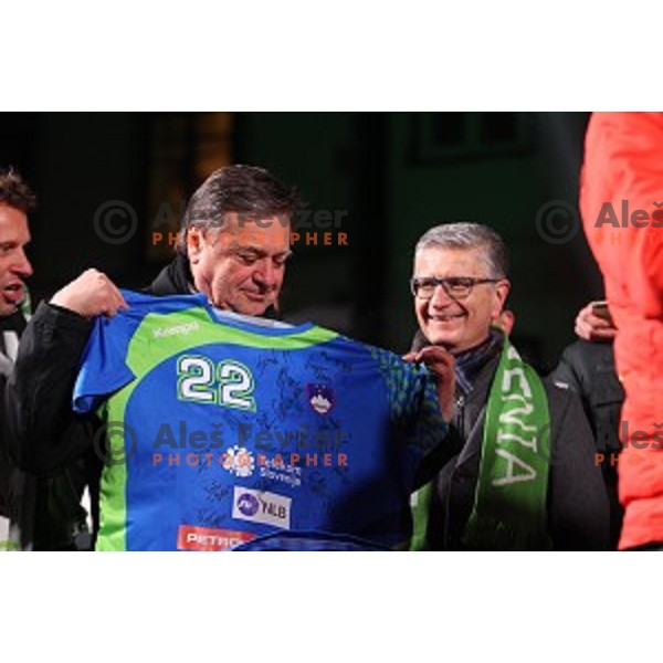 Zoran Jankovic, Mayor of Ljubljana during reception for Slovenia Handball Team - bronze medalists of 2017 World Championships in front of Ljubljana Town Hall, Slovenia on January 30, 2017