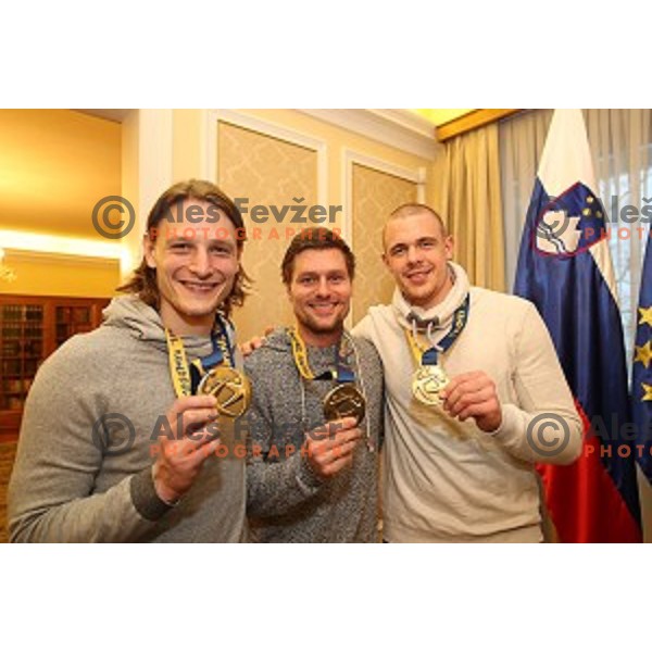 Jure Dolenec, Marko Bezjak and Matej Gaber at Reception for Slovenia Handball Team - bronze medalists of 2017 World Championships held by Prime Minister in Vila Podroznik, Ljulbjana, Slovenia on January 30, 2017