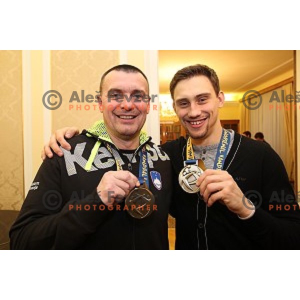 Uros Serbec and Darko Cingesar at Reception for Slovenia Handball Team - bronze medalists of 2017 World Championships held by Prime Minister in Vila Podroznik, Ljulbjana, Slovenia on January 30, 2017