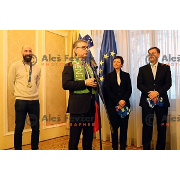 Vid Kavticnik, Franjo Bobinac, Maja Makovec Brencic,Miro Cerar during Reception for Slovenia Handball Team - bronze medalists of 2017 World Championships held by Prime Minister in Vila Podroznik, Ljulbjana, Slovenia on January 30, 2017