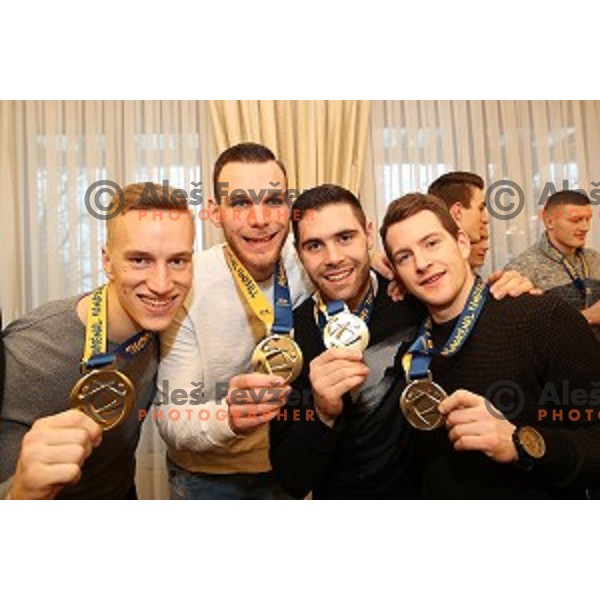 Jan Grebenc, Borut Mackovsek, Blaz Janc, Miha Zarabec at Reception for Slovenia Handball Team - bronze medalists of 2017 World Championships held by Prime Minister in Vila Podroznik, Ljulbjana, Slovenia on January 30, 2017
