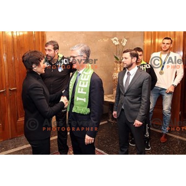 Maja Makovec Brencic, Veselin Vujovic and Franjo Bobinac during Reception for Slovenia Handball Team - bronze medalists of 2017 World Championships held by Prime Minister in Vila Podroznik, Ljulbjana, Slovenia on January 30, 2017