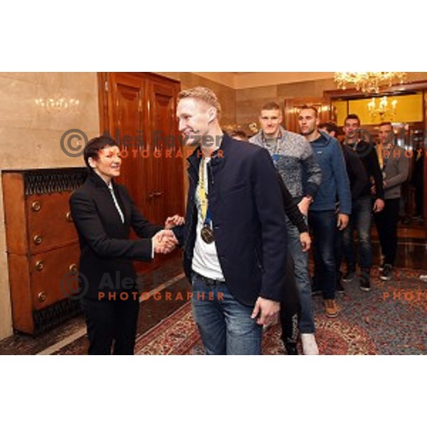 Maja Makovec Brencic and Tilen Kodrin during Reception for Slovenia Handball Team - bronze medalists of 2017 World Championships held by Prime Minister in Vila Podroznik, Ljulbjana, Slovenia on January 30, 2017