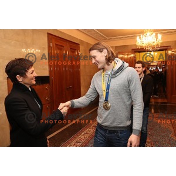 Maja Makovec Brencic and Jure Dolenec during Reception for Slovenia Handball Team - bronze medalists of 2017 World Championships held by Prime Minister in Vila Podroznik, Ljulbjana, Slovenia on January 30, 2017