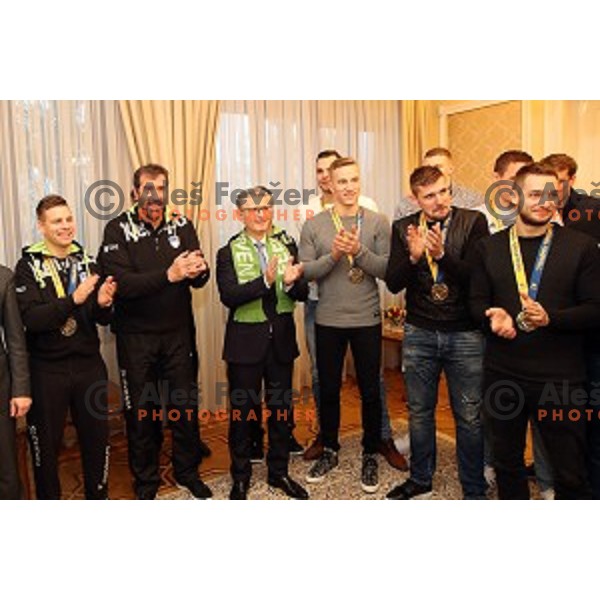 Veselin Vujovic, Franjo Bobinac, Jan Grebenc, Urban Lesjak, Gasper Marguc at Reception for Slovenia Handball Team - bronze medalists of 2017 World Championships held by Prime Minister in Vila Podroznik, Ljulbjana, Slovenia on January 30, 2017