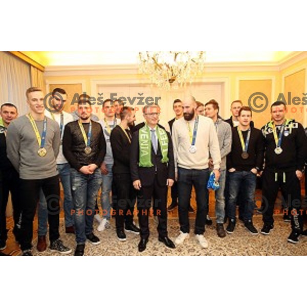 Franjo Bobinac, Vid Kavticnik, Miro Cerar during Reception for Slovenia Handball Team - bronze medalists of 2017 World Championships held by Prime Minister in Vila Podroznik, Ljulbjana, Slovenia on January 30, 2017