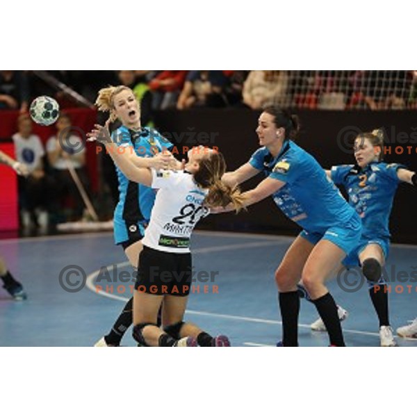Aneta Benko and Vesna Milanovic Litre in action during EHF Women\'s Champions league handball match between RK Krim Mercator and CSM Bucuresti in Kodeljevo Hall, Ljubljana, Slovenia on February 4, 2017