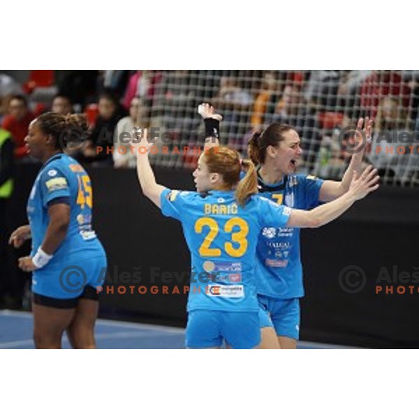 Vesna Milanovic Litre and Polona Baric of Krim Mercator during EHF Women\'s Champions league handball match between RK Krim Mercator and CSM Bucuresti in Kodeljevo Hall, Ljubljana, Slovenia on February 4, 2017