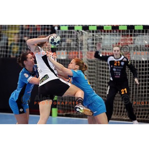Vesna Milanovic Litre and Polona Baric of Krim Mercator during EHF Women\'s Champions league handball match between RK Krim Mercator and CSM Bucuresti in Kodeljevo Hall, Ljubljana, Slovenia on February 4, 2017