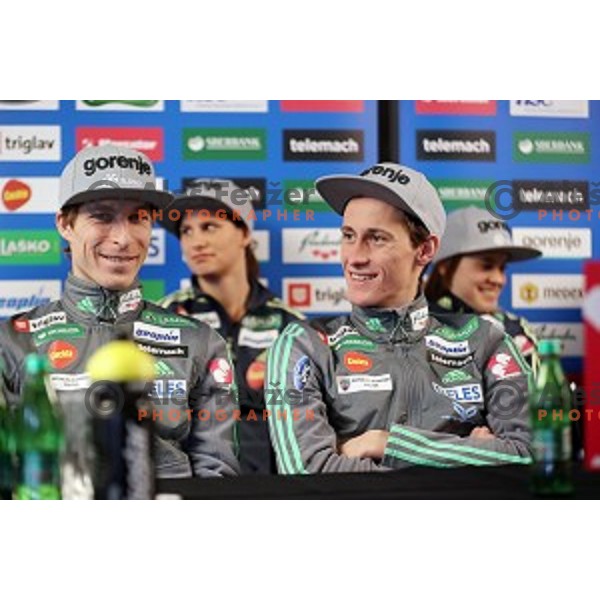 Jurij Tepes and Peter Prevc at Slovenia Nordic Ski jumping team press conference in Ljubljana on February 6, 2017