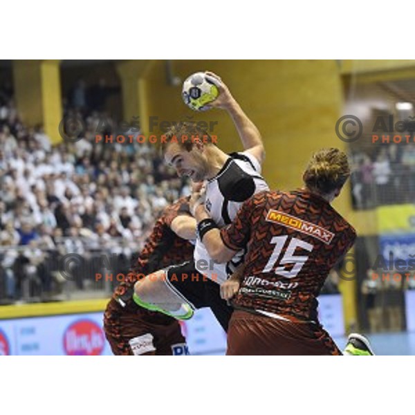 action during EHF Cup handball match between Ribnica (Slovenia) and Fuchse (Germany) in Ribnica, Slovenia on February 9, 2017