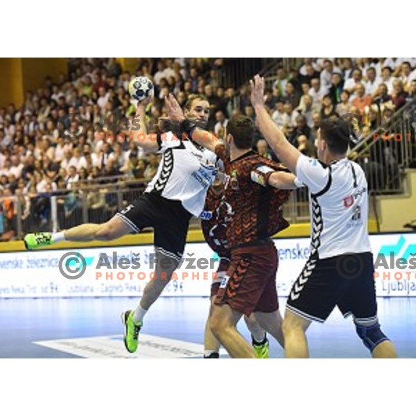 Patrik Leban of Riko Ribnica in action during EHF Cup handball match between Riko Ribnica (Slovenia) and Fuchse Berlin (Germany) in Ribnica, Slovenia on February 9, 2017