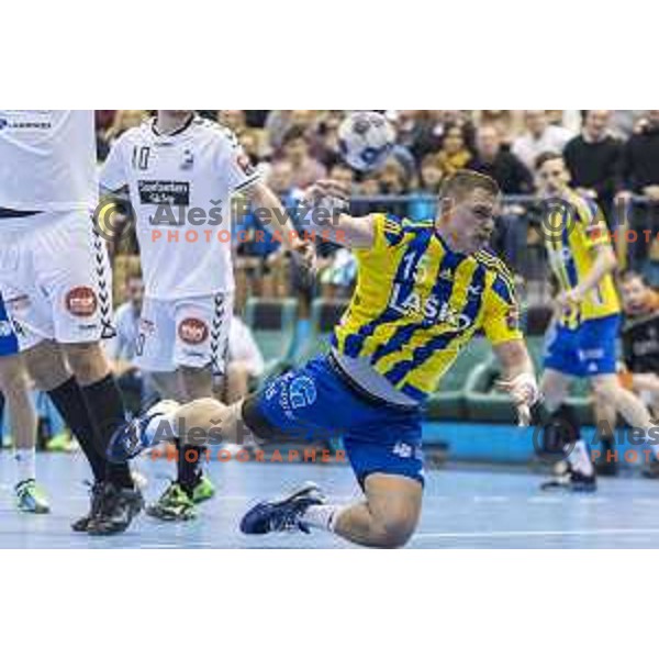 Celje’s Vid Poteko (15) in action during EHF Champions League match between Celje PL (Slovenia) and IFK Kristianstadt (Sweden) in Zlatorog Hall, Celje on February 11th, 2017 
