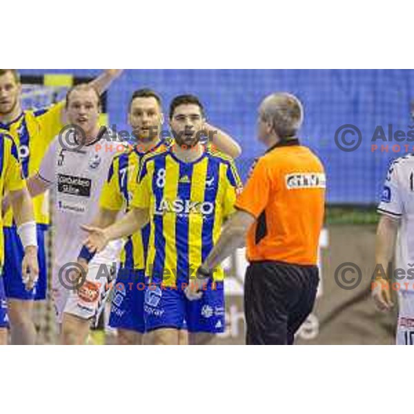Celje’s Blaz Janc (8) reacting during EHF Champions League match between Celje PL (Slovenia) and IFK Kristianstadt (Sweden) in Zlatorog Hall, Celje on February 11th, 2017 