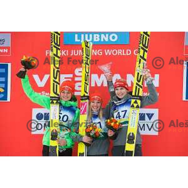 Carina Vogt, Katharina Althaus and Svenja Wuerth during the Ljubno Women\'s World Cup Ski Jumping, Ljubno, Slovenia, on February 12, 2017.