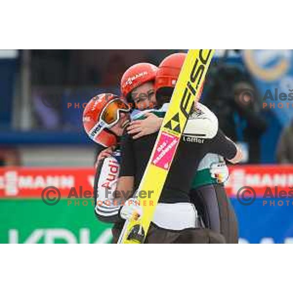 Carina Vogt, Katharina Althaus and Svenja Wuerth during the Ljubno Women\'s World Cup Ski Jumping, Ljubno, Slovenia, on February 12, 2017.