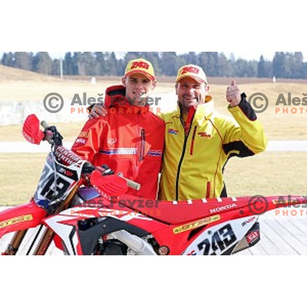Tim Gajser, World Champion MX 2016 and his father Bogomir Gajser during AMZS press conference before start of MX GP season 2017 in Smlednik, Slovenia on February 17, 2017