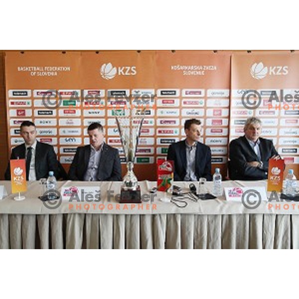 Dejan Mihevc, head caoch of Krka and Bostjan Kuhar, head coach of Hopsi ,Gasper Okorn, head coach of Union Olimpija and Ales Pipan, head coach of Zlatorog at KZS press conference before semi-final and final of Spar Cup held in Radisson Blu Plaza hotel in Ljubljana, Slovenia on February 17, 2017