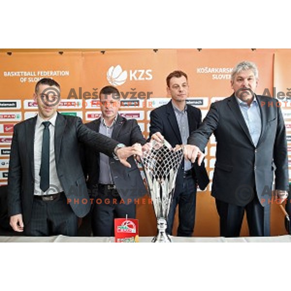 Dejan Mihevc, head caoch of Krka and Bostjan Kuhar, head coach of Hopsi , Gasper Okorn, head coach of Union Olimpija and Ales Pipan, head coach of Zlatorog at KZS press conference before semi-final and final of Spar Cup held in Radisson Blu Plaza hotel in Ljubljana, Slovenia on February 17, 2017