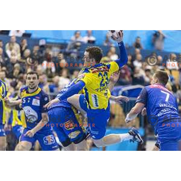 Celje’s Miha Zarabec (23) in action during EHF Champions League match between Celje PL (Slovenia) and KS Vive Tauron Kielce (Poland) in Zlatorog Hall, Celje on February 11th, 2017 
