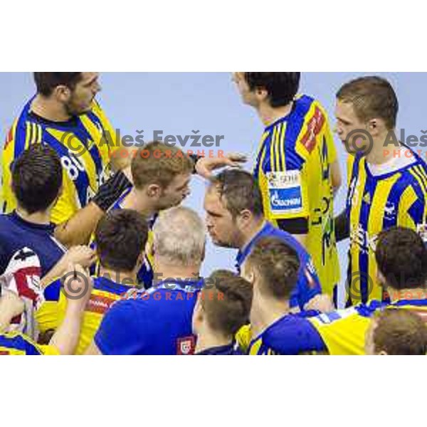 Team Celje in action during time-out during SEHA Gazprom League match between Celje PL (Slovenia) and Tatran Presov (Slovakia) in Zlatorog Hall, Celje on February 11th, 2017 