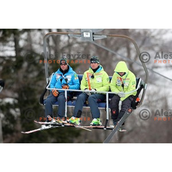 Klemen Bergant, head coach of Slovenia Ski team at practice session in Podkoren FIS slope in Kranjska gora, Slovenia on February 23, 2017