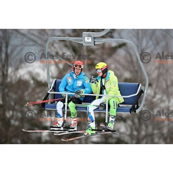 Zan Kranjec and Stefan Hadalin of Slovenia Ski team at practice session in Podkoren FIS slope in Kranjska gora, Slovenia on February 23, 2017