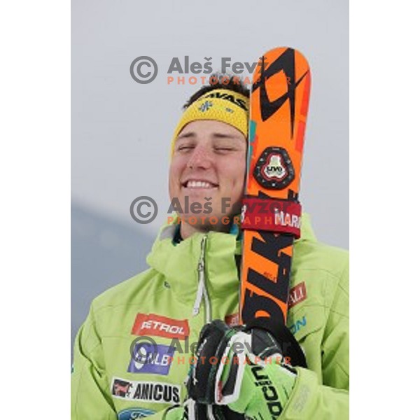 Stefan Hadalin of Slovenia Ski team at practice session in Podkoren FIS slope in Kranjska gora, Slovenia on February 23, 2017