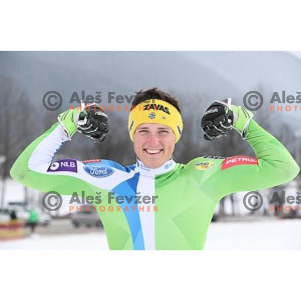 Stefan Hadalin of Slovenia Ski team at practice session in Podkoren FIS slope in Kranjska gora, Slovenia on February 23, 2017