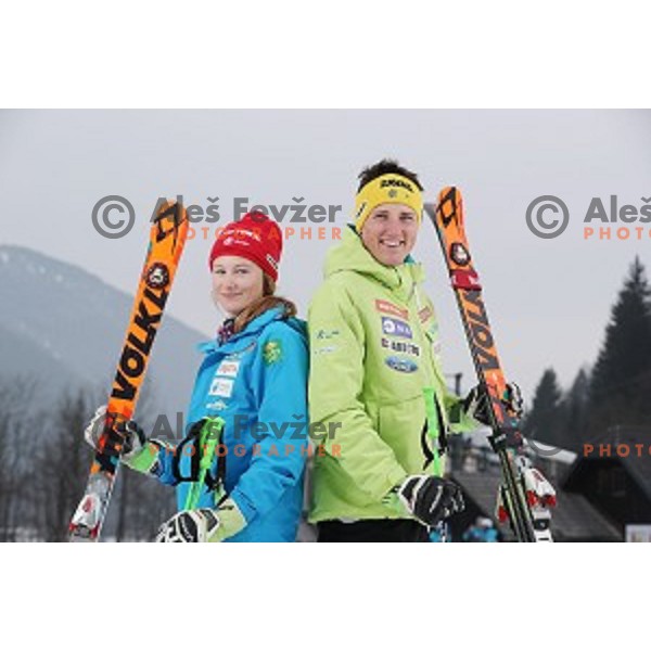 Ana Drev and Stefan Hadalin of Slovenia Ski team at practice session in Podkoren FIS slope in Kranjska gora, Slovenia on February 23, 2017