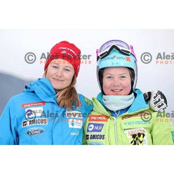 Ana Drev and Meta Hrovat of Slovenia Ski team at practice session in Podkoren FIS slope in Kranjska gora, Slovenia on February 23, 2017