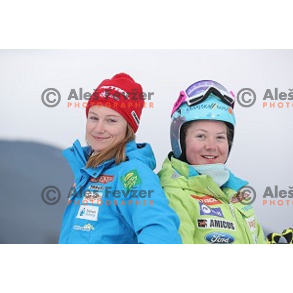 Ana Drev and Meta Hrovat of Slovenia Ski team at practice session in Podkoren FIS slope in Kranjska gora, Slovenia on February 23, 2017