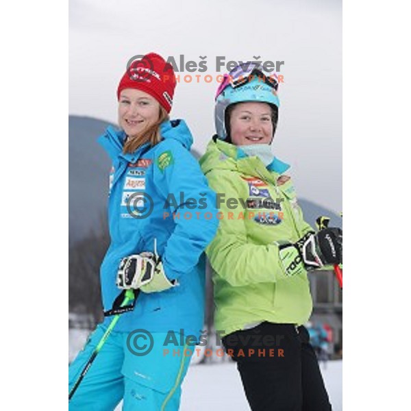 Ana Drev and Meta Hrovat of Slovenia Ski team at practice session in Podkoren FIS slope in Kranjska gora, Slovenia on February 23, 2017