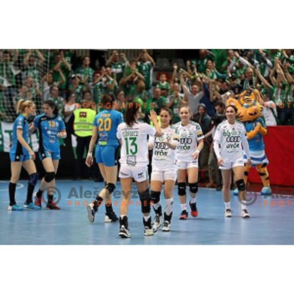 players of Gyor Audi Eto celebrate victory at EHF Women\'s Champions league handball match between RK Krim Mercator and Gyori Audi Eto in Kodeljevo Hall, Ljubljana, Slovenia on February 25, 2017