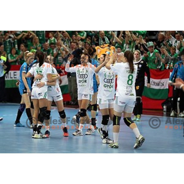 players of Gyor Audi Eto celebrate victory at EHF Women\'s Champions league handball match between RK Krim Mercator and Gyori Audi Eto in Kodeljevo Hall, Ljubljana, Slovenia on February 25, 2017