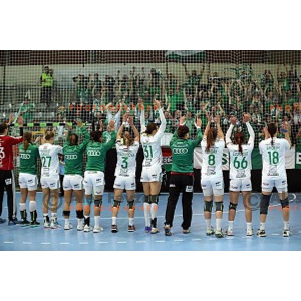 players of Gyor Audi Eto celebrate victory at EHF Women\'s Champions league handball match between RK Krim Mercator and Gyori Audi Eto in Kodeljevo Hall, Ljubljana, Slovenia on February 25, 2017