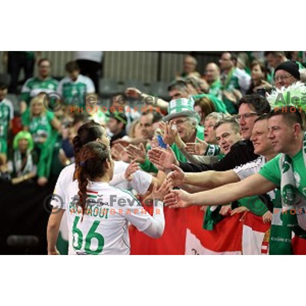 players of Gyor Audi Eto celebrate victory at EHF Women\'s Champions league handball match between RK Krim Mercator and Gyori Audi Eto in Kodeljevo Hall, Ljubljana, Slovenia on February 25, 2017
