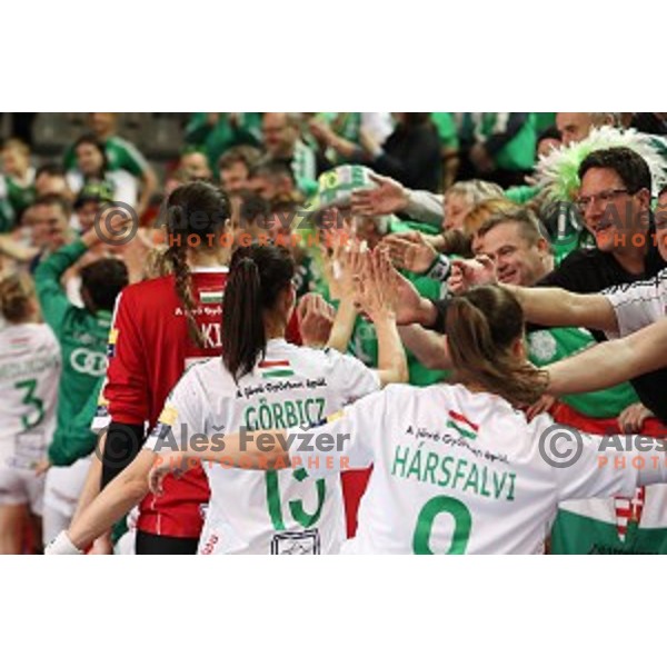 players of Gyor Audi Eto celebrate victory at EHF Women\'s Champions league handball match between RK Krim Mercator and Gyori Audi Eto in Kodeljevo Hall, Ljubljana, Slovenia on February 25, 2017
