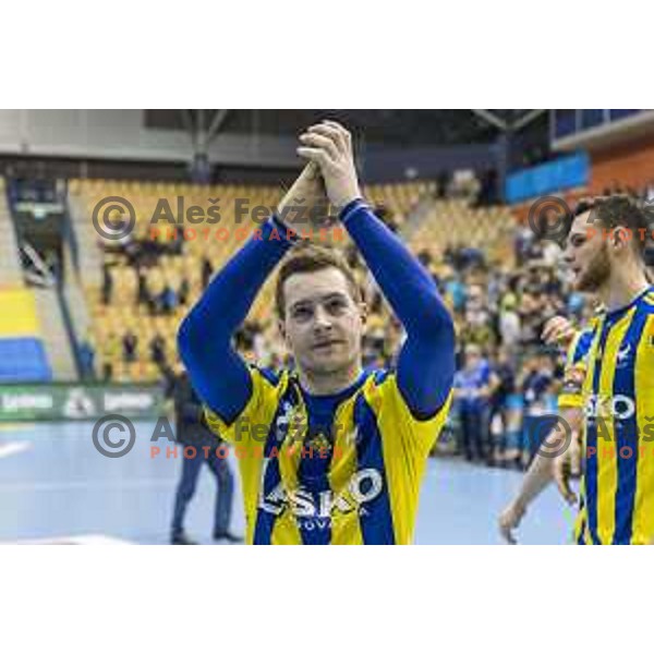 Celje’s Miha Zarabec (23) celebrating after EHF Champions League match between Celje PL (Slovenia) and Rhein Nechar Lowen (Germany) in Zlatorog Hall, Celje on March 2nd, 2017 