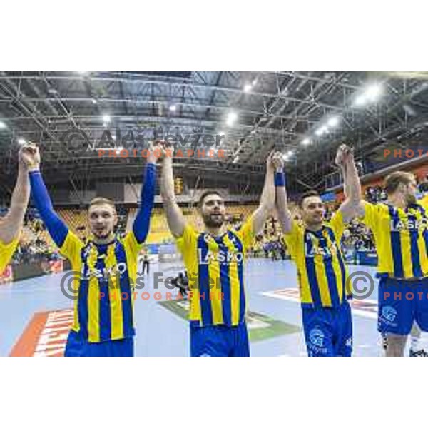 Team Celje celebrating after EHF Champions League match between Celje PL (Slovenia) and Rhein Nechar Lowen (Germany) in Zlatorog Hall, Celje on March 2nd, 2017 