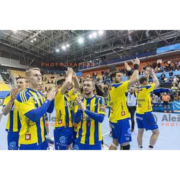 Team Celje celebrating after EHF Champions League match between Celje PL (Slovenia) and Rhein Nechar Lowen (Germany) in Zlatorog Hall, Celje on March 2nd, 2017 