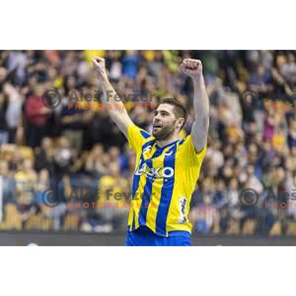 Celje’s Blaz Janc (8) celebrating during EHF Champions League match between Celje PL (Slovenia) and Rhein Nechar Lowen (Germany) in Zlatorog Hall, Celje on March 2nd, 2017 