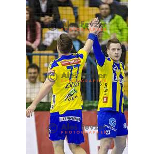 Celje’s Luka Zvizej (77) and Celje’s Miha Zarabec (23) celebrating during EHF Champions League match between Celje PL (Slovenia) and Rhein Nechar Lowen (Germany) in Zlatorog Hall, Celje on March 2nd, 2017 